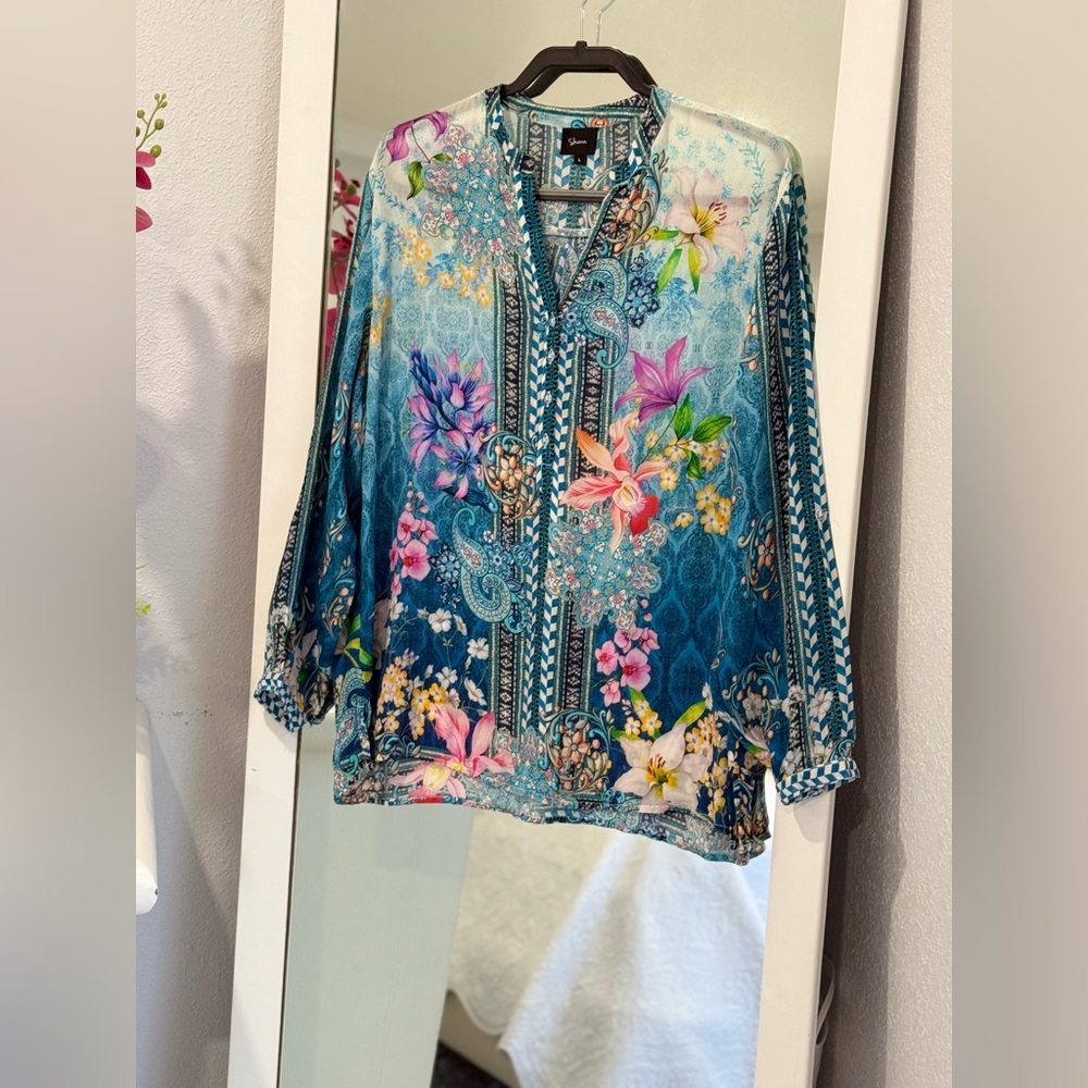 Colorful Blue Pink Silk Blouse *Art to Wear*